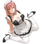  1girl alternate_costume arm_support breasts center_frills cleavage dead_or_alive detached_collar enmaided hair_ornament honoka_(doa) iwanai_tomoeju iwauchi_tomoki large_breasts looking_at_viewer maid maid_headdress parted_lips pink_eyes pink_hair simple_background sitting solo thigh-highs wariza white_background wrist_cuffs 