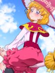  1girl asahina_mirai ass blonde_hair blush broom broom_riding capelet clouds hat looking_back mahou_girls_precure! precure short_hair sky solo tj-type1 violet_eyes witch_hat 