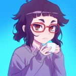  1girl ahoge bangs black_hair blue_background blunt_bangs blush brown_eyes closed_mouth cup expressionless eyebrows freckles glasses holding_cup ilya_kuvshinov long_sleeves looking_at_viewer oshiete!_galko-chan otako_(galko) red-framed_glasses short_hair sidelocks simple_background sleeves_past_wrists solo sweater teacup thick_eyebrows upper_body 
