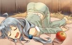  1girl apple aqua_(konosuba) blue_hair blush cheese_kang food fruit kono_subarashii_sekai_ni_shukufuku_wo! long_hair pajamas saliva sleeping smile solo top-down_bottom-up 