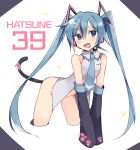  1girl 39 aqua_hair arched_back blue_eyes blush cat_tail character_name detached_sleeves hatsune_miku leaning_forward long_hair necktie no_panties number_pun open_mouth solo tail twintails very_long_hair vocaloid white_background 