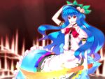 &gt;:d 1girl :d adjusting_clothes adjusting_hat arm_up black_hat blue_hair bow bowtie buttons commentary_request dress_shirt food frills fruit hat hinanawi_tenshi leaf long_hair long_skirt open_mouth peach puffy_short_sleeves puffy_sleeves rainbow_gradient rainbow_order red_bow red_eyes saemon_(tonpura) shirt short_sleeves skirt smile solo sword_of_hisou touhou upper_body very_long_hair white_shirt wing_collar