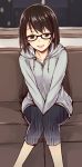  1girl :d between_legs blush brown_eyes brown_hair commentary_request hand_between_legs hood hoodie looking_at_viewer mole mole_under_eye open_mouth original saemon_(tonpura) short_hair sitting smile solo 