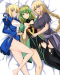  3girls ahoge archer_of_red bare_shoulders black_legwear blonde_hair blush braid breasts dress fate/apocrypha fate/grand_order fate_(series) girl_sandwich green_eyes green_hair hair_ribbon highres long_hair looking_at_viewer lying multiple_girls ribbon ruler_(fate/apocrypha) saber sandwiched single_braid takara_joney teeth thigh-highs torn_clothes torn_dress violet_eyes 