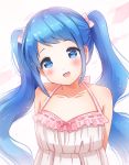  1girl :d alternate_hairstyle arms_behind_back bare_shoulders blue_eyes blue_hair blush bow collarbone dress hair_ribbon halterneck head_tilt highres kantai_collection long_hair looking_at_viewer nanairo_fuuka open_mouth pink_bow pink_ribbon ribbon ribbon-trimmed_dress ribbon_trim samidare_(kantai_collection) sleeveless sleeveless_dress smile solo strap twintails 