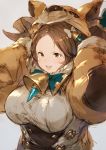  1girl animal_hat bell blush breasts brown_eyes brown_gloves brown_hair daetta_(granblue_fantasy) fur_trim gloves granblue_fantasy hair_bell hair_ornament hat highres horns junwool open_mouth simple_background smile solo 