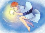  1boy barefoot child commentary_request emiya_shirou fate/stay_night fate_(series) highres holding japanese_clothes kimono male_focus moon redhead shimo_(s_kaminaka) solo water yellow_eyes younger yukata 