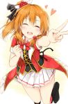  1girl :d ^_^ ^o^ bokura_no_live_kimi_to_no_life bow bowtie closed_eyes facing_viewer heart kousaka_honoka leg_up love_live!_school_idol_project open_mouth orange_hair outstretched_arm pleated_skirt red_bow red_bowtie shiina_kuro short_sleeves side_ponytail skirt smile solo standing standing_on_liquid v 