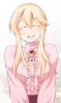  1girl :d blonde_hair blush braid breasts brooch clarice_(idolmaster) clarisse_(granblue_fantasy) closed_eyes flying_sweatdrops idolmaster idolmaster_cinderella_girls jewelry long_hair long_sleeves open_mouth pink_shirt shirt sidelocks smile solo upper_body ushi 