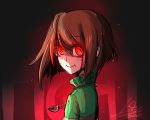  2016 androgynous artist_name blood bloody_tears brown_hair chara_(undertale) closed_mouth glowing glowing_eyes heart heart_necklace lalalaleng long_sleeves looking_at_viewer red_eyes shaded_face smile solo spoilers striped striped_sweater sweater turtleneck undertale upper_body 