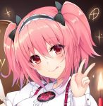  1girl blush bow candle cream cream_on_face food food_on_face hair_bow hasegawa_urumi kurifuto looking_at_viewer maid maid_headdress mascot original pink_eyes pink_hair short_hair smile solo tongue tongue_out two_side_up v wrist_cuffs 