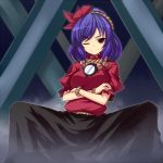  1girl commentary_request crossed_arms hair_ornament leaf_hair_ornament long_skirt looking_at_viewer mirror one_eye_closed puffy_short_sleeves puffy_sleeves purple_hair red_eyes rope saemon_(tonpura) short_hair short_sleeves skirt solo spread_legs touhou yasaka_kanako 