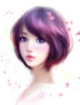  1girl alternate_eye_color alternate_hair_color asian bishoujo_senshi_sailor_moon face highres looking_at_viewer mizuno_ami motion_blur petals pink_lips puckered_lips purple_hair realistic short_hair solo toast_(artist) violet_eyes white_background 