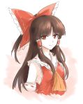  1girl aluleilan ascot bow brown_hair detached_sleeves hair_bow hair_tubes hakurei_reimu highres light_smile long_hair looking_at_viewer ponytail red_bow sketch solo touhou upper_body 