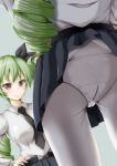  1girl anchovy belt between_breasts blurry brown_eyes close-up depth_of_field drill_hair from_behind girls_und_panzer green_hair hair_ribbon hands_on_hips highres kuria_(clear_trip_second) long_hair looking_at_viewer necktie necktie_between_breasts panties panties_over_pantyhose pantyhose reflection ribbon school_uniform skirt skirt_lift smile solo twin_drills twintails underwear wardrobe_malfunction white_legwear white_panties 