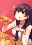  1girl :p agano_(kantai_collection) anchor_symbol bare_shoulders black_hair breasts cheese_trail cupping_hand eating food green_eyes heart highres holding holding_food kantai_collection long_hair necktie no_gloves pink_background pizza school_uniform serafuku simple_background smile solo suginoji table tongue tongue_out 