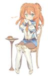  1girl alisa_kirsten blade_(galaxist) chair croissant cup green_eyes long_hair looking_at_viewer orange_hair pantyhose plate pop-up_story simple_background sitting skirt solo table teacup white_background 