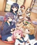  6+girls ;p ahoge akebono_(kantai_collection) anchor_symbol animal animal_on_head animal_on_lap ayanami_(kantai_collection) bandaid bandaid_on_face bangs bell black_hair black_legwear blush bowl breasts brown_eyes brown_hair cardigan chopsticks crab eating flower food hair_bell hair_bobbles hair_flower hair_ornament hair_ribbon hairband highres indoors kantai_collection kneehighs large_breasts light_brown_hair long_hair long_sleeves looking_at_viewer looking_back lying meat multiple_girls nabe neck_ribbon neckerchief number oboro_(kantai_collection) oden on_back one_eye_closed open_mouth pet pink_eyes pink_hair pleated_skirt ponytail purple_hair rabbit ribbon sazanami_(kantai_collection) school_uniform seiza serafuku shikinami_(kantai_collection) short_hair short_sleeves side_ponytail sitting skirt smile spoon spring_onion sweater swept_bangs tongue tongue_out twintails ushio_(kantai_collection) v very_long_hair violet_eyes wooden_floor yume_no_owari 