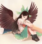  1girl arm_cannon bangs beige_background black_eyes black_hair black_legwear black_shoes black_wings bow cape closed_mouth feathered_wings full_body green_bow green_eyes hair_bow hand_on_own_arm highres kneehighs loafers long_hair looking_at_viewer reiuji_utsuho shirt shoes short_sleeves simple_background sitting smile solo starry_sky_print surumeri_(baneiro) third_eye touhou weapon white_shirt wings 