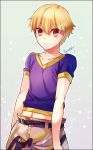  1boy bangs blonde_hair cargo_shorts child child_gilgamesh fate/grand_order fate/hollow_ataraxia fate_(series) gilgamesh looking_at_viewer midriff red_eyes shirt signature smile tenkuu_sphere younger 