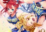  2girls :d ;d arm_up armpits bare_shoulders blonde_hair blue_eyes bouncing_breasts braid breasts cheerleader clothes_writing confetti crop_top hair_ornament hairclip hinabita hopper izumi_ibuki long_hair looking_at_another multiple_girls one_eye_closed open_mouth pom_poms redhead shinonome_natsuhi skirt smile sports_bra twintails upside-down yellow_eyes 