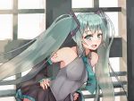  1girl blush detached_sleeves green_eyes green_hair hands_on_hips hatsune_miku highres leaning_forward lingyan_heiye long_hair looking_at_viewer necktie open_mouth skirt smile solo tattoo twintails very_long_hair vocaloid window 