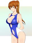  1girl breasts brown_eyes brown_hair casual_one-piece_swimsuit cleavage cleavage_cutout dead_or_alive highres kagemusha kasumi_(doa) long_hair navel_cutout one-piece_swimsuit solo standing swimsuit 