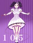  1girl arrancar bleach boots cirucci_sanderwicci dress elbow_gloves facial_mark fingerless_gloves gloves hair_ornament lipstick makeup nail_polish number puffy_short_sleeves puffy_sleeves purple_hair purple_lipstick purple_nails ronisuke short_dress short_hair short_sleeves short_twintails solo striped striped_background thigh_strap twintails violet_eyes wavy_hair whip 