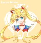  1girl absurdres bishoujo_senshi_sailor_moon blonde_hair blue_eyes bow character_name choker double_bun hair_ornament hairpin highres lan_sing long_hair looking_at_viewer magical_girl red_bow sailor_collar sailor_moon signature smile solo super_sailor_moon tiara tsukino_usagi twintails upper_body yellow_background 