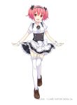  1girl artist_name bekotarou bow hair_bow hasegawa_urumi highres looking_at_viewer maid maid_headdress mascot open_mouth original pink_eyes pink_hair shoes short_hair short_sleeves smile solo thigh-highs two_side_up underbust white_background white_legwear wrist_cuffs 