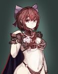  1girl alternate_costume armor bikini_armor black_rose bow breasts cape cleavage commentary_request flower hair_bow high_collar kikimifukuri looking_at_viewer navel o-ring_bottom pale_skin red_eyes redhead rose sekibanki solo touhou under_boob upper_body white_rose wrist_cuffs 