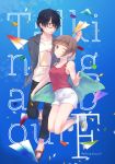  1boy 1girl amattle bangs black_hair black_pants blue_background blunt_bangs blush bread brown_eyes brown_hair english food full_body glasses hair_over_one_eye lego nishinosono_moe one_eye_closed pants paper_airplane saikawa_souhei sandals shirt shoes short_hair sneakers subete_ga_f_ni_naru t-shirt walking 