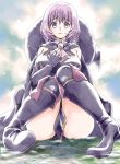  1girl armor armored_boots artist_name bangs bare_shoulders between_legs blush boots breasts brooch cape eyebrows eyebrows_visible_through_hair fingerless_gloves full_body gem giantess gloves hai_to_gensou_no_grimgar hat jewelry knees_together_feet_apart lavender_eyes lavender_hair looking_at_viewer shihoru_(grimgar) short_hair solo thigh-highs thigh_boots thighs torajimaneko 
