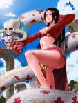  1girl arm_up black_hair blue_eyes boa_hancock cleavage_cutout clouds earrings highres horns jewelry leg_up legs lipstick long_hair makeup midriff mspk navel one_piece outdoors revealing_clothes salome_(one_piece) skull sky snake 