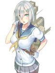  1girl and aqua_eyes between_breasts breasts buttons collarbone gloves grey_hair hamakaze_(kantai_collection) kantai_collection open_mouth pantyhose simple_background skirt solo white_background 