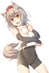  1girl aaru_(tenrake_chaya) animal_ears bare_shoulders blush bridal_gauntlets cowboy_shot elbow_gloves fangs gloves hat inubashiri_momiji looking_at_viewer open_mouth red_eyes short_hair silver_hair skin_tight solo tail tokin_hat touhou undressing unitard white_background wolf_ears wolf_tail 