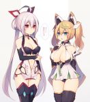  2girls ahoge bare_shoulders blonde_hair blue_eyes blush breast_envy breasts cleavage gene_(pso2) innocent_cluster large_breasts matoi_(pso2) multiple_girls muryou phantasy_star phantasy_star_online_2 red_eyes translated twintails white_hair 