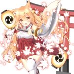  1girl animal_ears bell blonde_hair blush breasts detached_sleeves fang fox_ears fox_tail hair_bell hair_ornament hair_ribbon hakama holding holding_weapon japanese_clothes kitsune lantern leaf long_hair looking_at_viewer maple_leaf miko mitsudomoe_(shape) naginata open_mouth original paper_lantern polearm renka_(llawliet39) ribbon ribbon-trimmed_legwear ribbon-trimmed_sleeves ribbon_trim solo tail thigh-highs tomoe_(symbol) torii weapon white_legwear wide_sleeves 