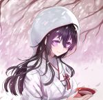  1girl ahoge beifeng_han black_hair hair_between_eyes hood japanese_clothes kimono long_hair looking_at_viewer miyaura_sanshio original petals revision sakazuki smile solo uchikake upper_body violet_eyes wind 