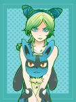  1girl blue_eyes blue_hair collarbone double_bun green_hair green_lipstick hug hug_from_behind jojo_no_kimyou_na_bouken kuujou_jolyne lipstick lucario makeup multicolored_hair orange_eyes pokemon pokemon_(creature) polka_dot polka_dot_background two-tone_hair yoshinamiuijin 