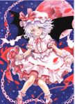  1girl ascot bat bat_wings chain dress fangs hat hat_ribbon looking_at_viewer mob_cap moon mosho night open_mouth petals pink_eyes puffy_short_sleeves puffy_sleeves red_moon remilia_scarlet ribbon short_sleeves sky smile solo touhou traditional_media watercolor_pencil_(medium) white_dress wings wrist_cuffs 