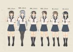  6+girls absurdres alternate_costume arm_behind_back ayanami_(kantai_collection) beret black_legwear black_shoes blue_hair brown_hair character_name commentary_request fubuki_(kantai_collection) gloves hat height_chart height_difference highres kantai_collection kii_kun kneehighs long_hair looking_at_viewer multiple_girls murakumo_(kantai_collection) neckerchief oboro_(kantai_collection) open_mouth pantyhose pleated_skirt ponytail sailor_collar salute school_uniform serafuku shikinami_(kantai_collection) shoes short_hair skirt smile standing thigh_gap translated ushio_(kantai_collection) white_gloves 