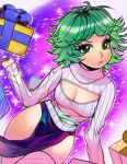  1girl alternate_breast_size breasts cleavage cleavage_cutout curly_hair green_eyes green_hair highres looking_at_viewer motion_blur one-punch_man open-chest_sweater popsiclebunny pout ribbed_sweater short_hair slender_waist solo sweater tatsumaki thigh-highs turtleneck watermark web_address white_legwear 