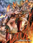  1girl :d ass breastplate chain chloris_garden circlet gauntlets greaves grey_hair holding holding_sword holding_weapon horns jewelry long_hair looking_at_viewer molten_rock monster_girl navel official_art open_mouth ponytail smile solo sword teeth weapon yana_(nekoarashi) 