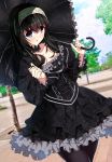  1girl black_hair blue_eyes blush cosplay gothic_lolita hairband highres idolmaster idolmaster_cinderella_girls kanzaki_ranko kanzaki_ranko_(cosplay) lolita_fashion long_hair nonohachi pantyhose parasol sagisawa_fumika solo umbrella 