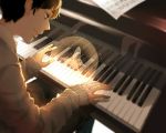  1boy animal brown_eyes brown_hair butterfly closed_mouth from_above from_behind highres indoors insect instrument lens_flare male_focus necozzz original paper piano playing_instrument sheet_music short_hair sitting smile solo sunlight 