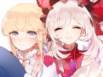 1girl ^_^ androgynous bisco9skm blonde_hair blue_eyes bow closed_eyes fate/grand_order fate_(series) gloves hair_bow hands_on_another&#039;s_shoulders hat hat_removed headwear_removed le_chevalier_d&#039;eon_(fate/grand_order) marie_antoinette_(fate/grand_order) open_mouth ponytail red_gloves smile white_hair 