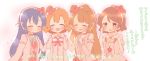  4girls :d ^_^ bare_shoulders blue_hair blush bokutachi_wa_hitotsu_no_hikari bow bowtie breasts brown_hair choker cleavage clenched_hands closed_eyes countdown crescent crescent_earrings dress earrings elbow_gloves flower flower_earrings flower_necklace fur-trimmed_gloves gloves hair_bun hair_flower hair_ornament hairband hand_on_another&#039;s_shoulder highres jewelry koizumi_hanayo kousaka_honoka long_hair long_sleeves love_live!_school_idol_project minami_kotori multiple_girls necklace one_side_up open_mouth orange_hair rose short_hair sleeveless sleeveless_dress smile sonoda_umi strapless strapless_dress tears translation_request ususa70 violet_eyes wiping_tears 