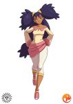  1girl bare_shoulders big_hair brown_eyes capri_pants dark_skin gym_leader hands_on_hips head_tilt highres iris_(pokemon) long_hair maniacpaint pants pokemon pokemon_(game) pokemon_bw2 purple_hair sarong small_breasts smile solo two_side_up walking white_background wide_hips 