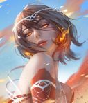  1girl :d artist_name bare_shoulders black_hair blue_sky day earrings fire flame from_above glowing guweiz hair_between_eyes head_tilt headpiece jewelry lips looking_at_viewer looking_down open_mouth original parted_lips ribbon sky smile solo tattoo upper_body white_ribbon yellow_eyes 